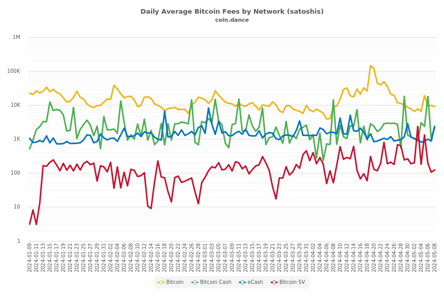 Daily Average Bitcoin Fees by Network (satoshis)